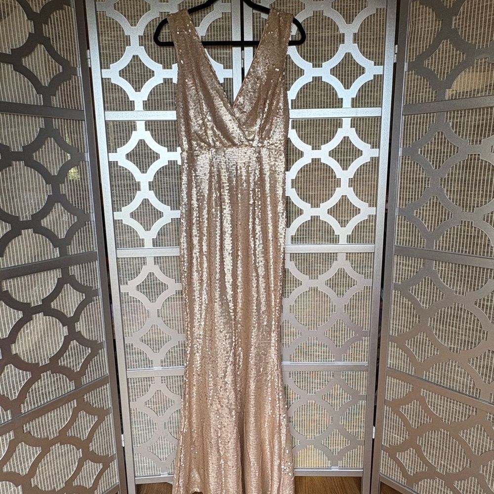 Lulu's Cream V-Neck Sleeveless Sequin Prom Dress